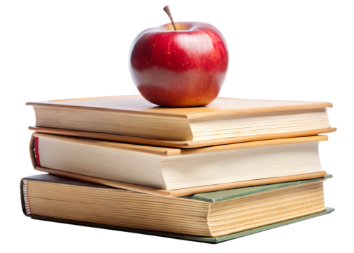 A stack of old books with a single red apple on top, symbolizing knowledge and education, isolated on transparent background