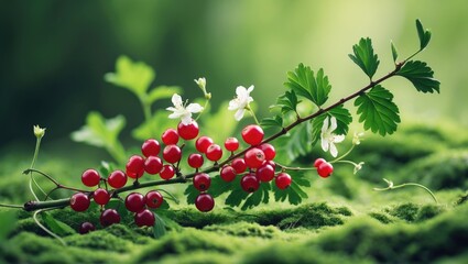 Obraz premium Red currant berries on a branch with green leaves in natural light and lush background.