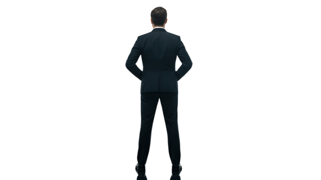 A professional businessman wearing a dark suit and tie stands with his back to the viewer isolated on transparent background