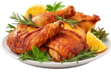 Crispy fried chicken pieces on a white plate, garnished with fresh herbs and lemon slices