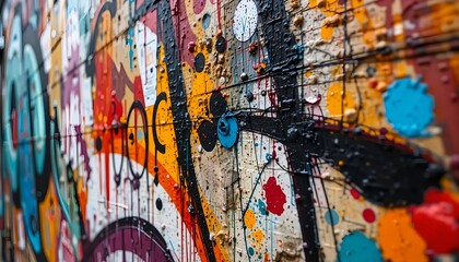 Obraz premium Graffiti-covered wall surface with chaotic color splashes and shapes, no words, textured urban art close-up.