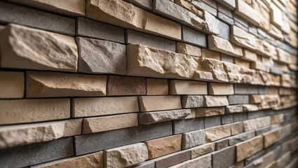Texture of stacked stone bricks in earthy tones used for wall cladding or decorative facade.
