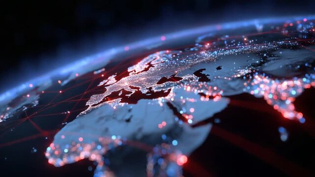 Real-time animated network map visualizing cyberattack patterns and firewall defenses for industrial automation systems against malware and ransomware.