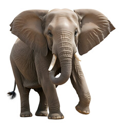 Fototapeta premium A large, powerful African bush elephant with ivory tusks in a dynamic pose with its ears spread, isolated on white.