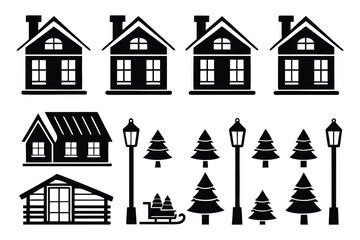 Set of house icons with various styles including cottages apartments and buildings in black vector design