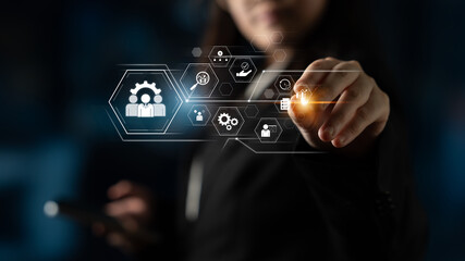 Business management system showing teamwork, productivity, and planning. Management supports goal, management tracks progress, management improves teamwork, and enhances productivity. Latch