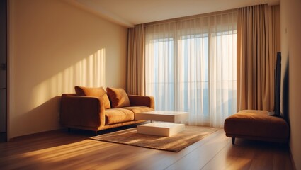 Obraz premium A living room with a brown sofa, ottoman, curtains, and sunlight streaming through large windows.