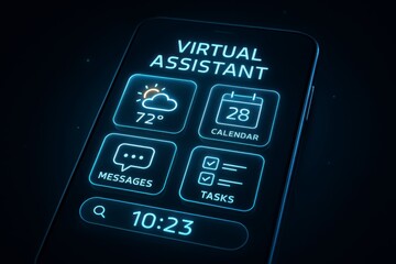 Modern virtual assistant app interface on phone screen with calendar, messages, weather forecast