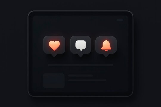 Engaging notifications on dark mode tablet screen with like, message, and alert icons glow