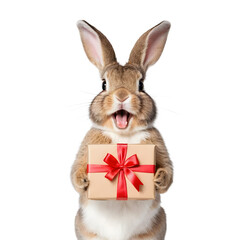 Obraz premium Adorable Bunny Holding a Gift Easter Bunny, Spring, Holiday