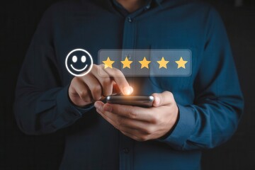 Man enthusiastically rates excellent service five stars using his mobile phone in a modern setting