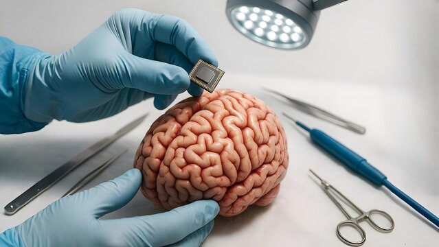 Surgeon Holding Microchip Above Exposed Brain Model – Implantation Scene