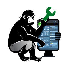 Silhouette Vector of Ape Debugging Code with Wrench &ndash; Tech Monkey Fixing Software Bug, Programming Developer Mascot Illustration