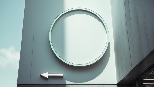 A large circular window on a modern building with a directional arrow pointing left.