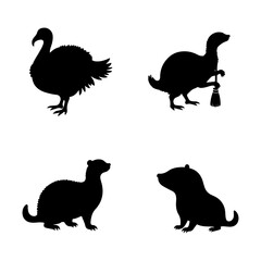 Four silhouette icons featuring a turkey paintbrush and two otters