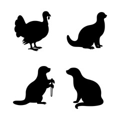 Four silhouette icons featuring a turkey paintbrush and two otters