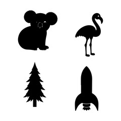 Four silhouette icons koala flamingo christmas tree and rocket