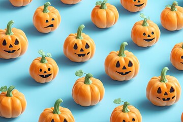 Small orange pumpkins with jack-o'-lantern faces in a grid pattern on a light blue background