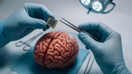 Surgeon Holding Microchip Above Exposed Brain Model – Implantation Scene
