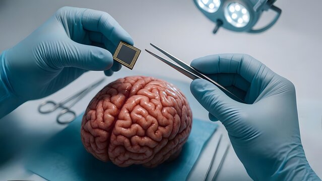 Surgeon Holding Microchip Above Exposed Brain Model – Implantation Scene