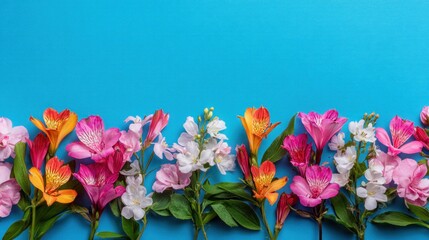 Obraz premium Colorful flower arrangement on a vibrant blue background.
