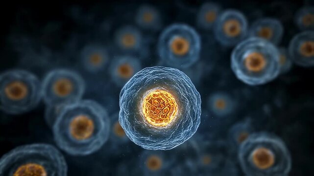 Graphic visualization of a cells light flickering out accompanied by a pulsing amber senescence marker symbolizing biological aging signals.