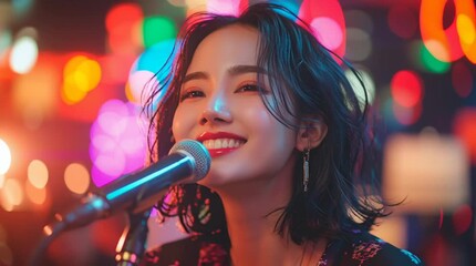 A Korean Young Woman Singing in a Karaoke Bar with Colorful Neon Background, AI - Powered by Adobe