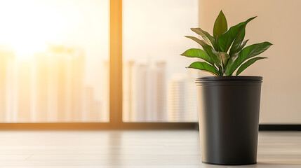 Green plant in a black pot near a sunlit window. Adds life to any space with a modern and minimalist feel. Great for indoor nature and home decor.