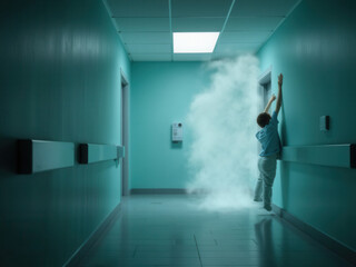 Child touching wall in hospital hallway surrounded by fog  