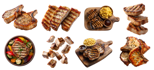 Set of pork chop meat steak, loin cut, sliced, barbecue grilled bake fry, wooden serve board, sauce, bone-in boneless, slice cube stack isolated on transparent cutout PNG. Mockup template for design	
