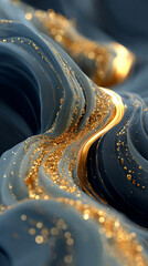 an abstract background with dynamic flowing forms in rich black, charcoal gray, and metallic gold
