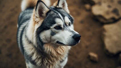 Obraz premium A Siberian Husky dog outdoors with rocks and dirt, showing features like a thick fur coat, pointy ears, and striking facial markings.