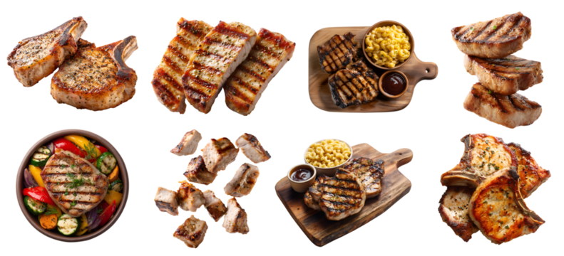 Set of pork chop meat steak, loin cut, sliced, barbecue grilled bake fry, wooden serve board, sauce, bone-in boneless, slice cube stack isolated on transparent cutout PNG. Mockup template for design	
