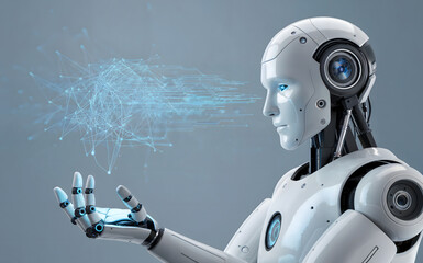 Naklejka premium Futuristic robot displays complex data network, representing artificial intelligence, cutting-edge technology and the future of innovation