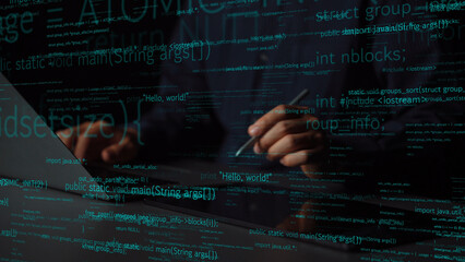 A focused programmer interacts with a tablet in a dimly lit environment. Abstract programming code overlays the scene, symbolizing modern software development and technology. Xenic