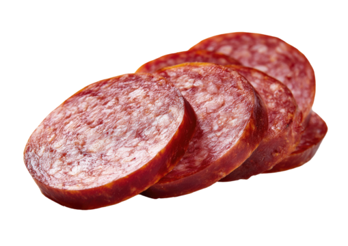 Close-up of sliced salami.  Sliced cured meat arranged in overlapping circles against a black background.  The meat appears reddish-brown with visible grains.  The slices are smooth and even