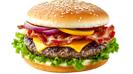 A hamburger with bacon, cheese, and onions. The burger is on a white background. The burger is very large and has a lot of toppings