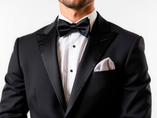 Elegant man in tuxedo posing with bow tie on plain background  