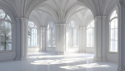 Fototapeta premium Grand, white, arched hall with large windows. Sunlight streams in