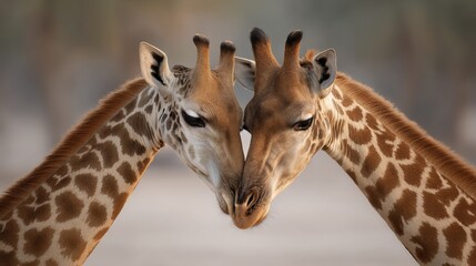 Obraz premium Two giraffes gently touching their heads together in a serene setting.