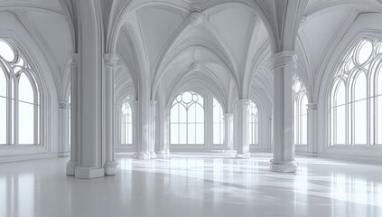 Obraz premium Grand, white, gothic hall with arched windows and columns