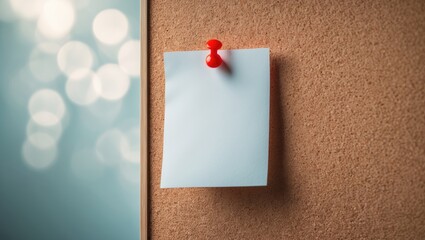 A blank blue note pinned on a corkboard with a red pushpin.