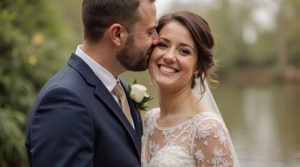 groom kissing bride cheek with smile and love at wedding ceremony day