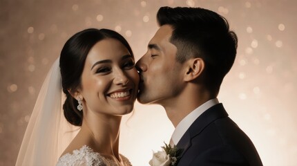groom kissing bride cheek with smile and love at wedding ceremony day