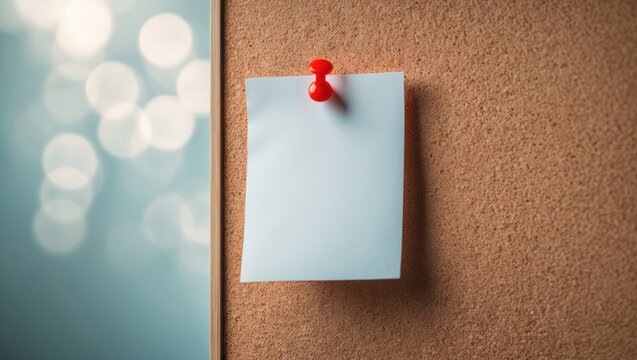 A blank blue note pinned on a corkboard with a red pushpin.