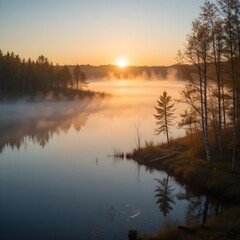 Fototapeta premium Serene Lake Sunrise Embraced by Fog A Tapestry of Reflections and Autumnal Hues