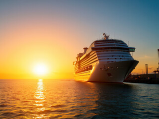 Luxury cruise ship docked at sunset with vibrant orange sky  