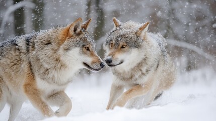Fototapeta premium Two wolves playfully interact in a snowy forest, showcasing their strength and beauty.