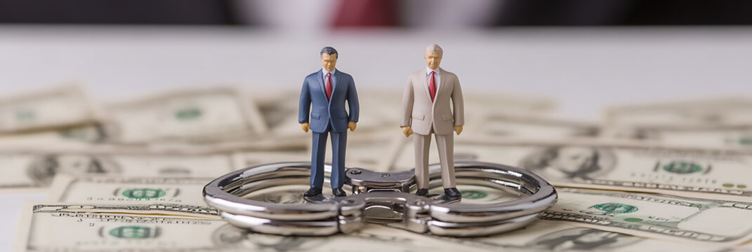 Financial crime concept: Two figurines in suits stand on handcuffs amidst scattered banknotes, symbolizing corruption and legal consequences.