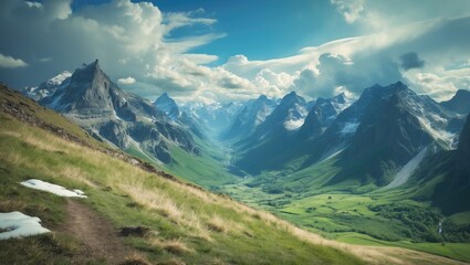 Fototapeta premium Mountain landscape with steep peaks and green valley, scenic nature, rugged terrain, and cloudy sky.